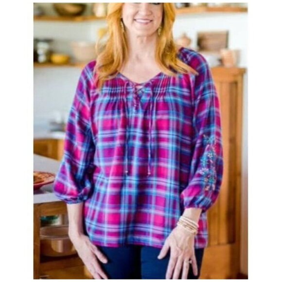 The Pioneer Woman Pink Blue Purple Plaid Peasant Top Flannel Embroidered Size XX - Picture 1 of 8